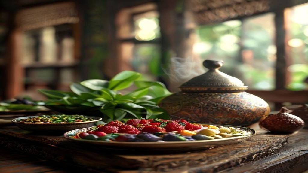 Berbagai hidangan tradisional Jawa Timur seperti sate kelapa, rawon, dan wedang jahe dalam satu piring menggugah selera.
