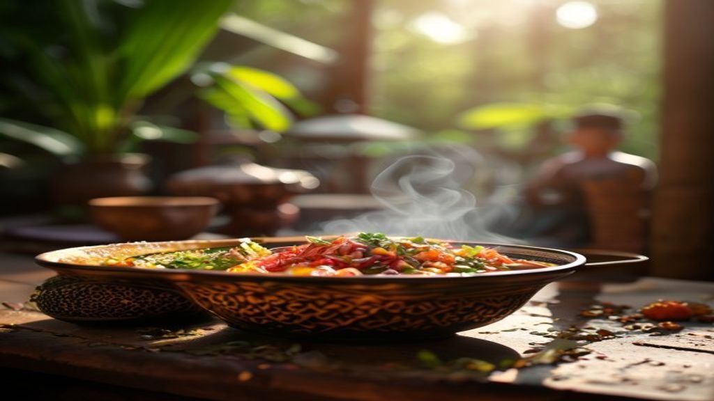 Masakan khas Jawa Timur dengan sate ayam, rawon, dan lontong balap, menampilkan cita rasa tradisional nusantara.