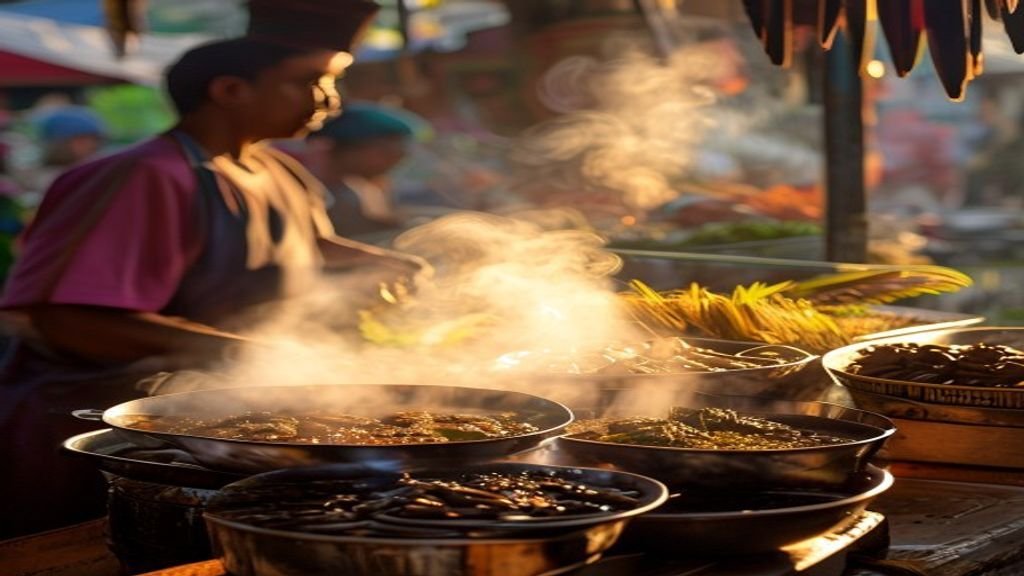 Makanan khas Jawa Timur seperti rawon, sate kelapa, dan rujak cingur tersaji dalam piring tradisional.