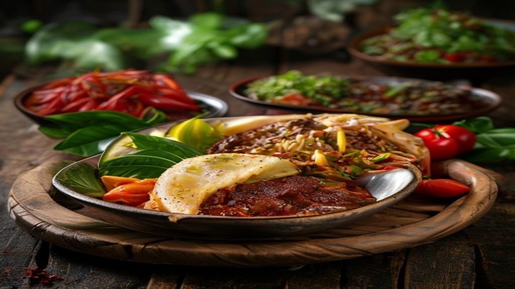 Makanan tradisional Jawa Timur, seperti rawon, soto, dan rujak, disajikan di pasar lokal dengan warna vibrant.