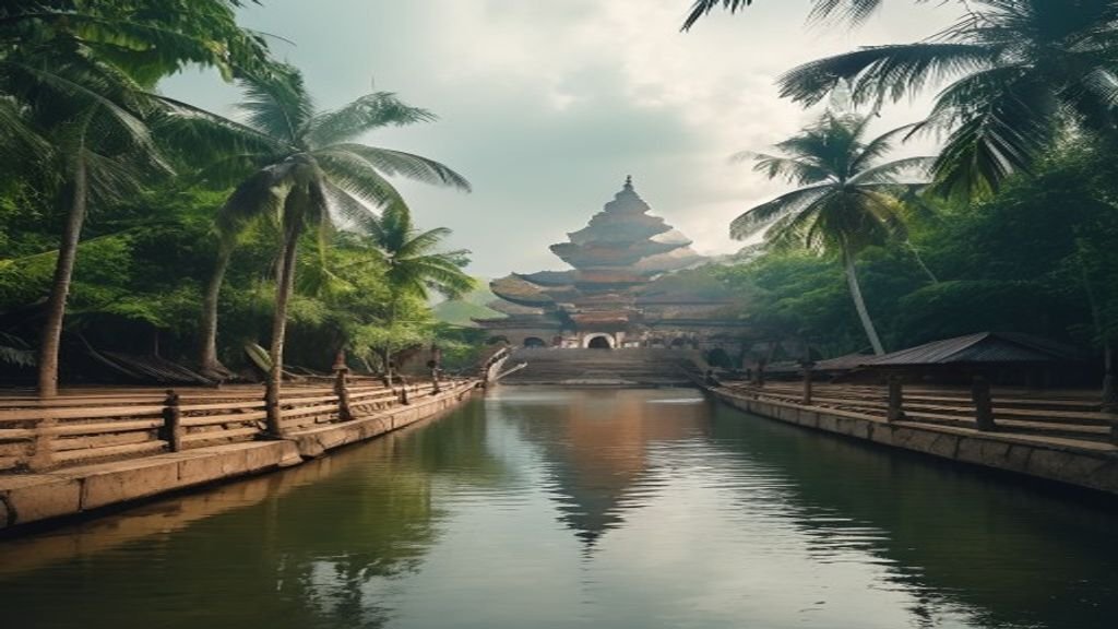 Pemandangan indah wisata Jawa Timur dengan sawah hijau, gunung, dan pantai tropis memukau